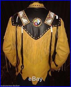 Western Fringed Buckskin Native American Indian Fringe Bones jacket XS To 6XL