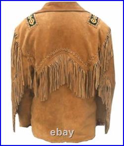 Western Genuine Leather Coat With Fringes & Bead Work