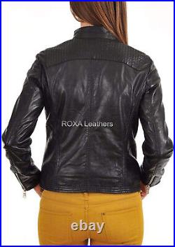 Western Ladies Genuine Lambskin Real Leather Jacket HOT Black Silver Zip Up Coat