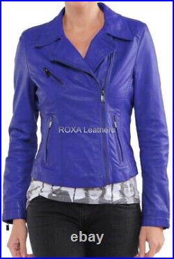 Western Ladies Outdoor Wear Genuine Lambskin Real Leather Jacket Biker Blue Coat