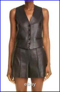 Western Leather Button Waistcoat Vest Coat Classic Black Women Real Lambskin