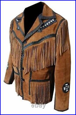 Western Leather Jacket With Fringe Bone and Beads/Men Traditional Cowboy Jacket