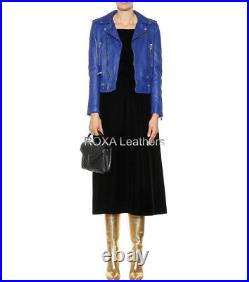 Western Look Ladies Outwear Genuine Sheepskin 100% Leather Jacket Blue Soft Coat
