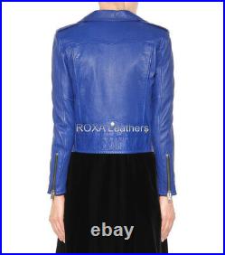 Western Look Ladies Outwear Genuine Sheepskin 100% Leather Jacket Blue Soft Coat