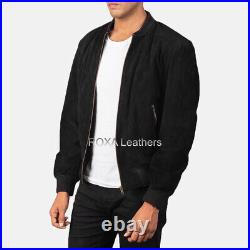Western Look Men Casual Wear Genuine Suede Real Leather Jacket Black Bomber Coat