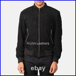 Western Look Men Casual Wear Genuine Suede Real Leather Jacket Black Bomber Coat