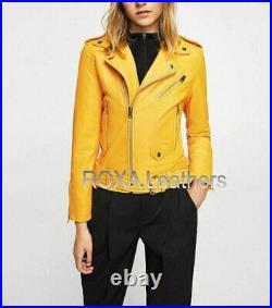 Western Look Women Genuine Lambskin Pure Leather Yellow Jacket Belted Biker Coat