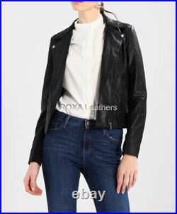 Western Look Women's Authentic Sheepskin Real Leather Jacket Collared Black Coat