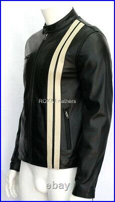 Western Men Authentic Lambskin 100% Leather Black Jacket Stripped Nightclub Coat