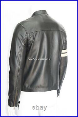 Western Men Authentic Lambskin 100% Leather Black Jacket Stripped Nightclub Coat