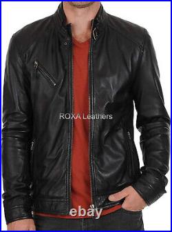 Western Men Authentic Lambskin 100% Leather Jacket Black Casual Wear Biker Coat