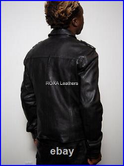 Western Men Authentic Lambskin 100% Leather Soft Jacket Black Collar Button Coat