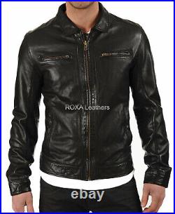 Western Men Authentic Lambskin Pure Leather Black Jacket Collar Fashion Zip Coat