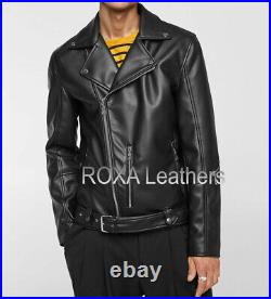 Western Men Authentic Sheepskin Natural Leather Jacket Black Belted Collar Coat