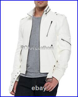 Western Men Belted White Genuine Sheepskin 100% Leather Jacket Fashion Coat