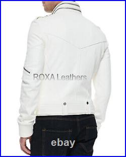 Western Men Belted White Genuine Sheepskin 100% Leather Jacket Fashion Coat