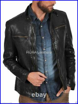 Western Men Black Genuine Lambskin Real Leather Jacket Motorcycle Soft Coat