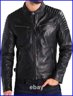 Western Men Black Genuine Sheepskin 100% Leather Jacket Motorcycle Handmade Coat