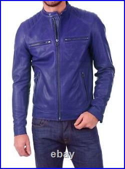 Western Men Blue Genuine Lambskin Real Leather Jacket Motorcycle Soft Coat