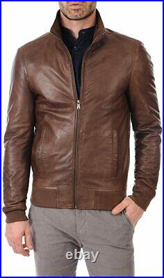 Western Men Brown Genuine Lambskin Real Leather Jacket Bomber Stylish Look Coat