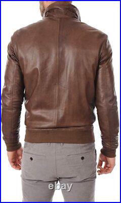 Western Men Brown Genuine Lambskin Real Leather Jacket Bomber Stylish Look Coat