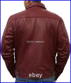 Western Men Burgundy Genuine Sheepskin 100% Leather Jacket Motorcycle Coat
