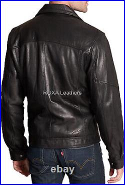 Western Men Collared Authentic Sheepskin Natural Leather Jacket Black Coat