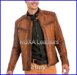 Western Men Dark Tan Genuine Lambskin Biker 100% Leather Jacket Casual Wear Coat