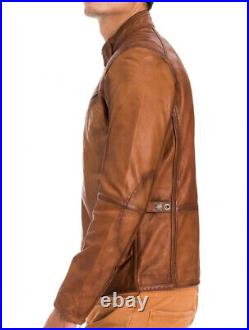 Western Men Dark Tan Genuine Lambskin Biker 100% Leather Jacket Casual Wear Coat