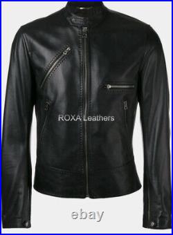 Western Men Design Zip Authentic Lambskin 100% Leather Jacket Black Outdoor Coat