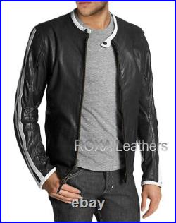 Western Men Genuine Lambskin Natural Leather Jacket Stripped Black Outdoor Coat