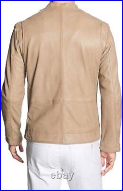 Western Men Genuine Lambskin Real Leather Jacket Beige Outdoor Wear Fashion Coat