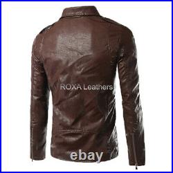Western Men Genuine Lambskin Real Leather Jacket Brown Studded Zipper Biker Coat