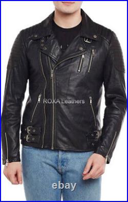 Western Men Genuine Sheepskin Natural Leather Black Jacket Quilted Out Wear Coat