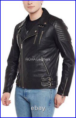 Western Men Genuine Sheepskin Natural Leather Black Jacket Quilted Out Wear Coat