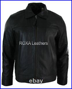 Western Men Genuine Sheepskin Pure Leather Jacket Black Collar Plain Casual Coat