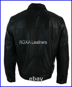 Western Men Genuine Sheepskin Pure Leather Jacket Black Collar Plain Casual Coat