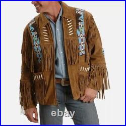 Western Men Native American Cowboy Leather Jacket Suede Fringe & Eagle Bead Work