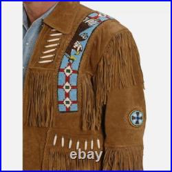 Western Men Native American Cowboy Leather Jacket Suede Fringe & Eagle Bead Work