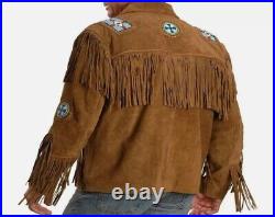 Western Men Native American Cowboy Leather Jacket Suede Fringe & Eagle Bead Work