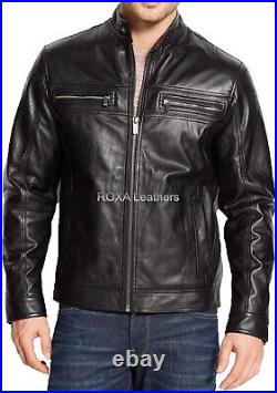Western Men Outfit Zip Up Biker Coat Genuine Sheepskin Pure Leather Black Jacket