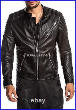 Western Men Quilted Authentic Lambskin Pure Leather Jacket Biker Black Coat