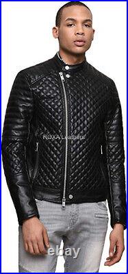 Western Men Quilted Authentic Lambskin Real Leather Jacket Silver Hardware Coat