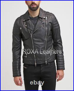 Western Men Quilted Genuine Lambskin Real Leather Jacket Black Collar Biker Coat