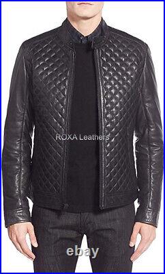 Western Men Quilted Genuine NAPA Natural Leather Jacket Black Handmade Coat