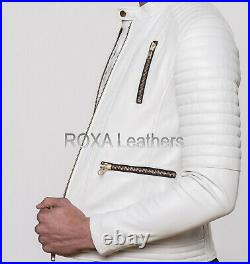 Western Men Quilted Genuine Sheepskin 100% Leather Jacket white Casual Coat