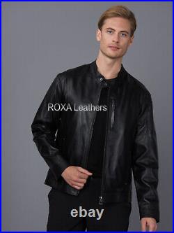 Western Men Slim Fit Genuine Sheepskin 100% Leather Jacket Black Biker Coat