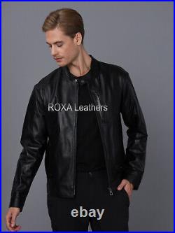 Western Men Slim Fit Genuine Sheepskin 100% Leather Jacket Black Biker Coat