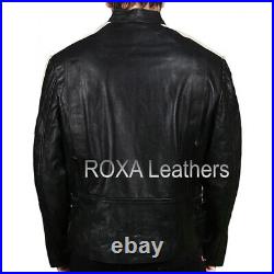 Western Men Striped Authentic Sheepskin Real Leather Jacket Casual Wear Zip Coat