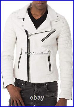 Western Men White Genuine Sheepskin Real Leather Jacket Quilted Biker Coat